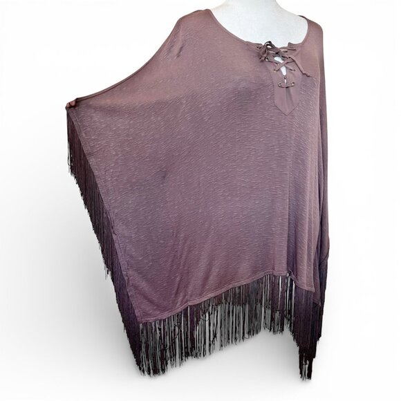 NWOT Ella Moss Plum Fringe Poncho Top OS Boho Festival Lace Up Oversized Western - Picture 3 of 9